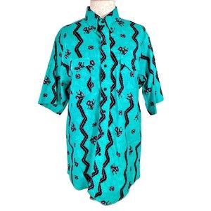Vintage Wrangler Western Shirt Aztec Teal Cowboy Cut X-Long Tails Men's 17
